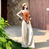 Holiday Wind Orange Printed Scarve Sling + Casual Broad Leg Pants High Feeling Cool Trousers