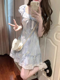 College Style Lace Splicing Punt Skirt Women's Summer New Small Man Wearing A Bow Short Broken Floral Dress
