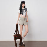 Gray High-Waisted Double-Buckle Elastic Denim Shorts 2026 Spring And Summer New Pick-Up Skinny Three-Point Pants