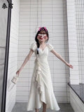 New Super Fairy Gentle Wind V-Neck Dress Holiday Wind Woman Waist Irregular Lotus Leaf Side First Love A Word Long Dress