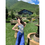 2025 Holiday Style Blue Print Bare Back Sling Sling Sling Sling Sexy Bra Scarf Two Wearing Large Square Towel Set