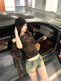 Irregular Ribbon Slanted Shoulder Long-Sleeved T-Shirt Girl Spring And Summer Design Net Yarn Repair Waist Babes Bottom Shirt Top