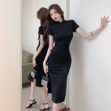 Chinese Retro Buckle Improved Cheongsam Skirt Female High-Grade Black Dress Summer Waist Open Fork And Hip Dress