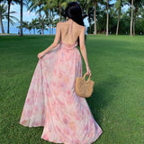2025 High-End Light Luxury Three-Dimensional Flowers Niche Hanging Neck Dress Women's Summer Beach Vacation Sling Skirt