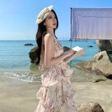 2026 New French Holiday Style Print Hanging Neck Chiffon Cake Dress Women's Collar Dress Summer Super Fairy Photo