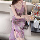 Haitang Flower Opening Silk Slant Cutting Series Temperament Print Sling Skirt Hanging Neck V-Neck Opening Dress