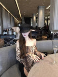 Korean Fashion Spring And Autumn Sexy Wild Cat Word Oblique Shoulder Leopard Horn Sleeve Shirt Short Long-Sleeved Top