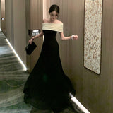 2025 New French High-End Birthday Party Dress Black And White Collage Splicing Word Shoulder Pure Lust Dress