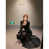 Black Fishtail Dress Woman Autumn Slimming Thin Ass Dress French Niche Design Beautiful Mesh Dress