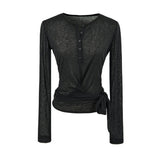 Round Collar Button Micro-Permeable Lace Repair Clothes Summer Straps Thin Long-Sleeved T-Shirt Girl