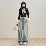 Blue-Gray Broad-Legged Trousers Women Autumn And Winter Jeans Women Retro High Waist Regular Denim With Tag