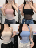 852# Sexy Hottie Net Yarn Hot Diamond Niche Design Hanging Neck Sling Summer New Slimming Vest