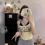5089 # People Cotton Pure Want To Fake Two Shoulders Short-Sleeved T-Shirts 2025 Summer Slim Sweet Waist Top