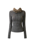 Autumn And Winter High-Looking Retro Temperament Gray Hair Collar Slimming Shirt Thigh Long-Sleeved T-Shirt Girl