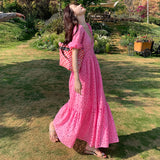 2025 Summer Dress New Gentle Style Retro Deep V-Neck Hollow Bubble Sleeve Short-Sleeved Dress Sweet Holiday Dress