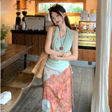 Dopamine Island Vacation Set Beautiful Hanging Neck Vest Suspension Half-Beauty Dress Two-Sleeve