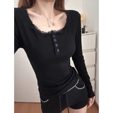 1*1 Threaded Autumn Pure Lust Lace Lace Lace Lace Thin Plus Velvet Bottom Shirt With Long-Sleeved T-Shirt Collar Top