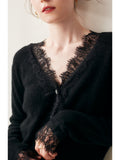 Lace Side Design Shows Noble Baby Goat Knitted Cardigan V Collar Loose Short Wool Coat