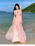 2025 High-End Light Luxury Three-Dimensional Flowers Niche Hanging Neck Dress Women's Summer Beach Vacation Sling Skirt
