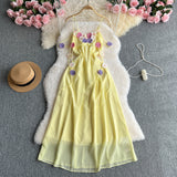Atmosphere Fairy Vacation Dress French Colored Three-Dimensional Flowers High Waist Slim Temperament Suspension Chiffon Dress
