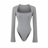 Grey Street Long-Sleeved T-Shirt Girl Spring And Autumn Slimming Square Collar Shoulder Knitting Hottie Bottom Top