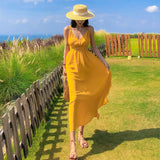 2025 New Hainan Sanya Yellow Beach Dress Women's Summer Sexy Seaside Vacation Slings Bare Back Dress