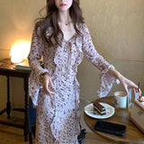 Talia Trendy Holiday Lotus Leaf Side With Horn Sleeve Open Print Dress Female French Dress