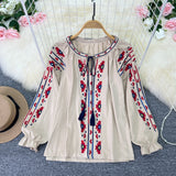 Spring And Autumn Vintage National Style Art Embroidery Round Collar Loose Thin Tsetse Cotton Shirt Women's Casual Top