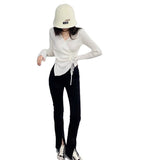 Autumn And Winter V-Neck Knitted Bottom Shirt Women Take Autumn And Winter French Waist Irregular Sweater Long-Sleeved Knitted Shirt Top