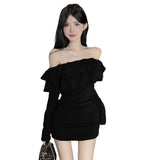 New Body-Repair Lotus Collar Dress Temperament Autumn Design Folds Thin Skirt Without Belt Hottie Sexy Word