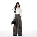 New Spring New Brown Gray Irregular Ribbon High-Rise Broad Leg Pants Women Thin Hanging Straight Slacks