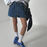 High Waist Tight Drawstring Tie With Side Of The Tie Denim Shorts Women Summer Water Wash Denim Blue Leg Shorts