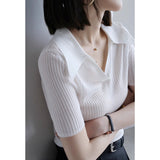 Sleeve Lyselle Summer Polo Collar Short-Sleeved Knitted Shirt Women's T-Shirt Simple Temperament Thin Top