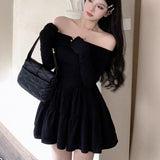 One-Word Shoulder Niche Thin Short Skirt Temperament Black Design Folded A-Character Dress Long-Sleeved Dress Spring And Autumn Girl