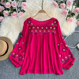 Spring Dress 2025 Holiday National Style Retro Heavy Industry Embroidery Flowers Ocean Gas Lantern Sleeve Loose Blouse Tide