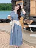 Pure White Moon Light Sweet Wind Blue Lattice Dress Women's Summer Simple College Style Small Fairy Dress