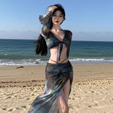 Strict Bikini Women's Long-Sleeved Skirt Split Four Sets Tie Dye Sunscreen Meat Sexy Bolisi 7095
