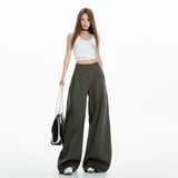New Lazy Trend Brand Design Army Green Leisure Pants Women Summer High-Waist Loose Broad Leg Pants Drag Floor Trousers
