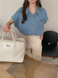 Real Shooting 2025 Summer Korean Simple Retro Buffet Denim Loose Polo Collar Short-Sleeved Shirt 2 Colors