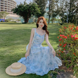Temperament Sexy Dew-Back Flower Sling Skirt Woman 2025 Summer New To Collect Waist Thin Chiffon Dress