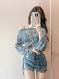 Cowboy Print Mesh Set Of Women's Bare Shoulder Shoulder Long-Sleeved Blouse Drawstring Short Skirt Twitching Three Sets