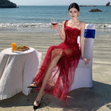 Red Engagement Dress High-End Light Luxury Niche Heavy Industry Lace Sexy Fish Bone Corset Corset Corset Corset Wedding Dress