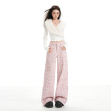 Design Sense High Street Hanging Casual Retro Pink Leopard Straight-Legged Jeans Women Loose Trousers