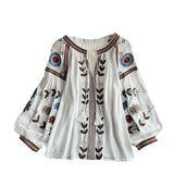 National Wind Heavy Industry Embroidery Round Tie With Lantern Sleeve Top Woman Autumn New Loose Thin Shirt Woman