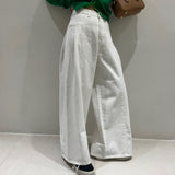 Korean Version Of Chic Thin High Waist Pressure Fold Design Loose Broad-Legged Jeans Solid Color Large Version Of Trousers 2 Colors