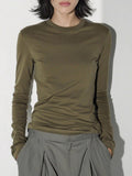 Vintage Casual Simple Texture Army Green Round-Neck Long-Sleeved T-Shirt Girl Early Autumn New Tie Bottom Shirt Top Woman