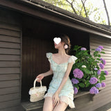 Dopamine Mint Green Flower Dress Women's Summer Gentle Wind Leaster Stitching Small Flying Sleeves To The Waist-Ponded Skirt
