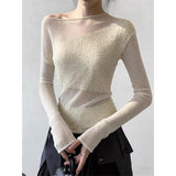 Design Sense Of White Mesh Splicing Knitted Shirt T-Shirt New Irregularly Permeable Slanted Shoulder Coat