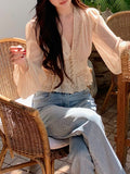 Fairy Lace Shirt V Collar Temperament Thin Folded Lantern Sleeve Chiffon Pearl Buckle Temperament Shirt Summer