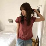 Korean Ins Summer Retro Temperament Folding Lace Lattice Thin Leisure Buckle Buckle Short-Sleeved Shirt Top 2 Colors